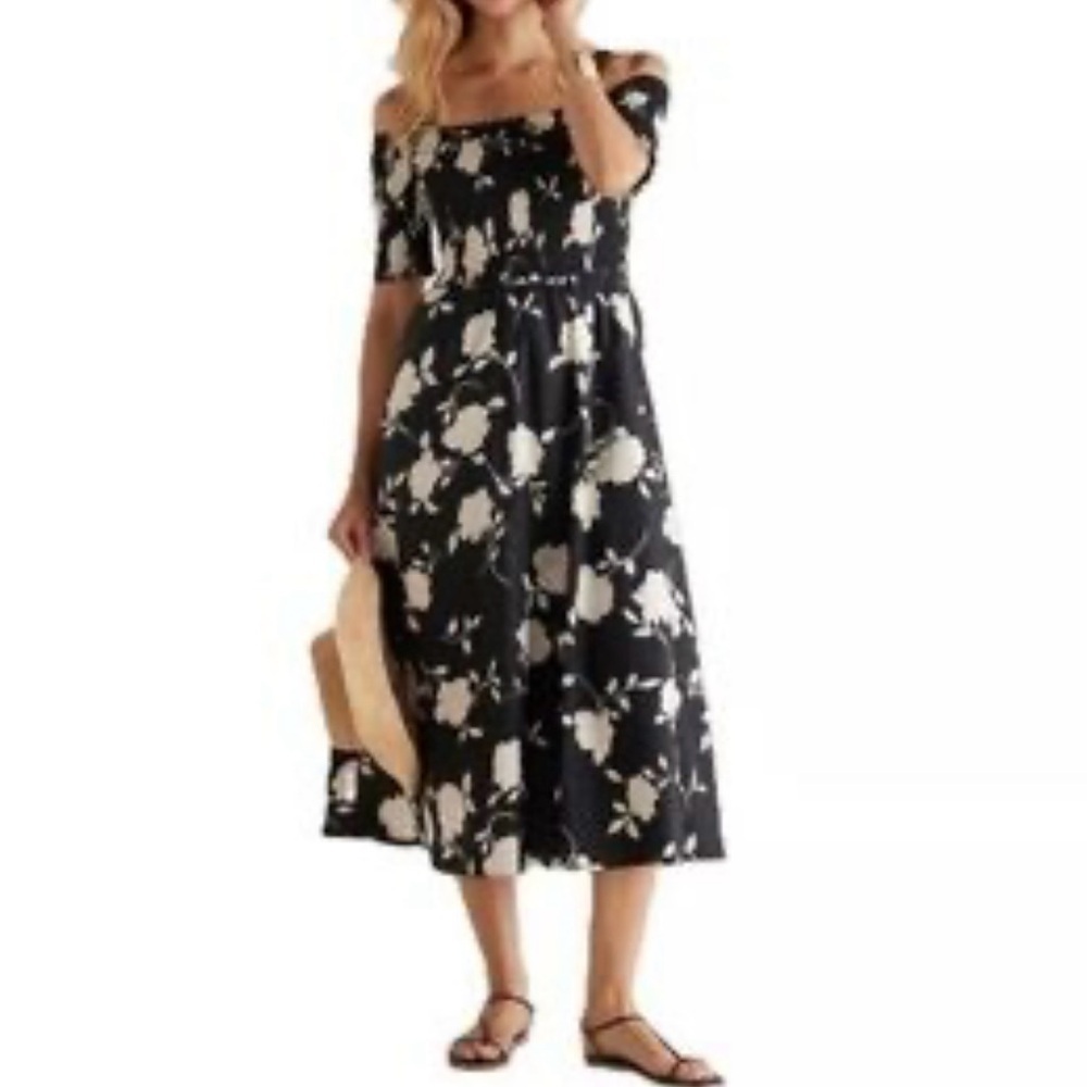 Soft Surroundings Womens Floral Smocked Off Shoulder Dress Sz XL Black Ivory